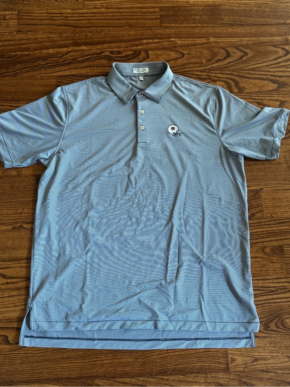 Peter Millar White and Blue Striped Short Sleeve Polo with Embroidered Helmet